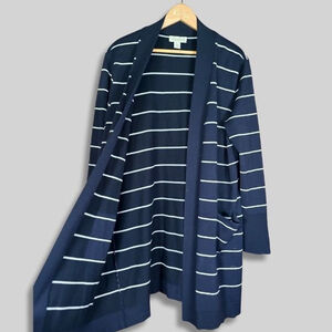 Appleseed's Open Front Cardigan Striped Long Sleeve Patch Pocket Navy/White W L